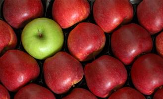 单绿色的苹果 - 许多红苹果